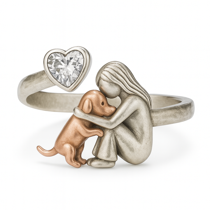 Anello per Cani color argento Fatto a Mano con Zirconia a Forma di Cuore – Regolabile