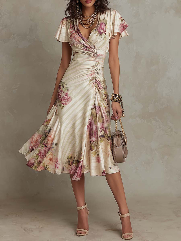 ESSENZIALE - Alba | Elegante Vestito Midi in Seta Retro Floreale ✨