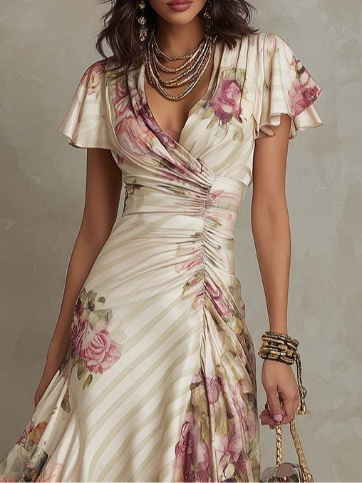ESSENZIALE - Alba | Elegante Vestito Midi in Seta Retro Floreale ✨