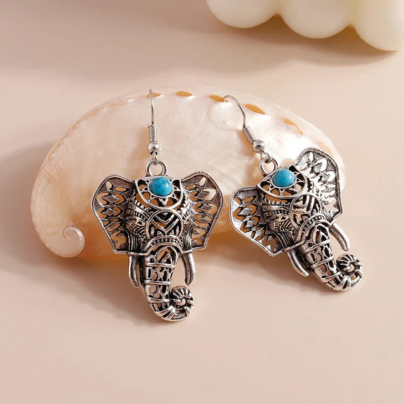 Orecchini a pendente elefante vintage color argento bohemien