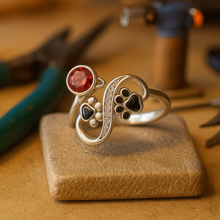 Anello Regolabile con Impronta Nera e Gemma Rossa