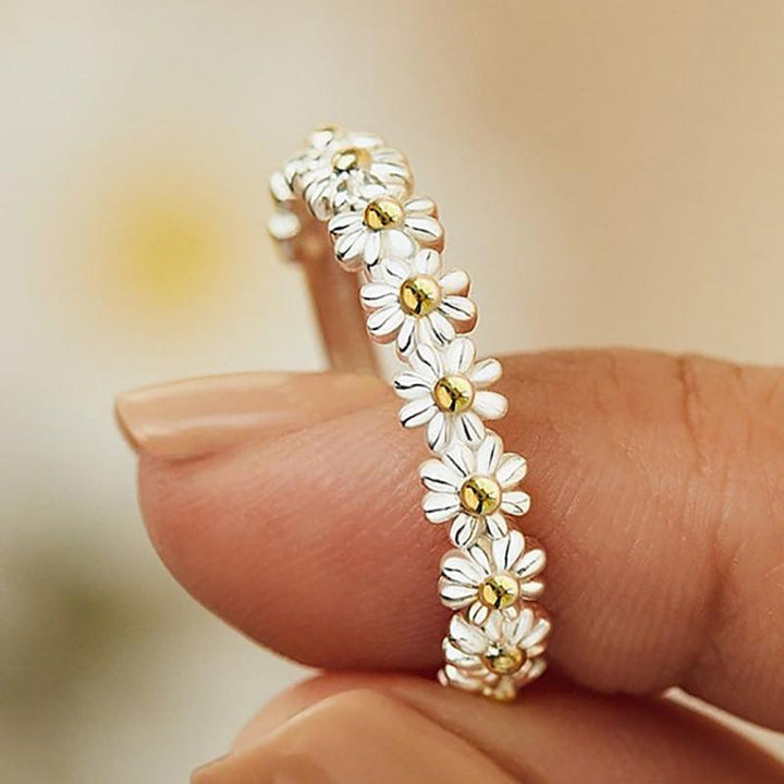 Anello color argento Regolabile e Smalto Dipinto a Mano a Forma di Margherita