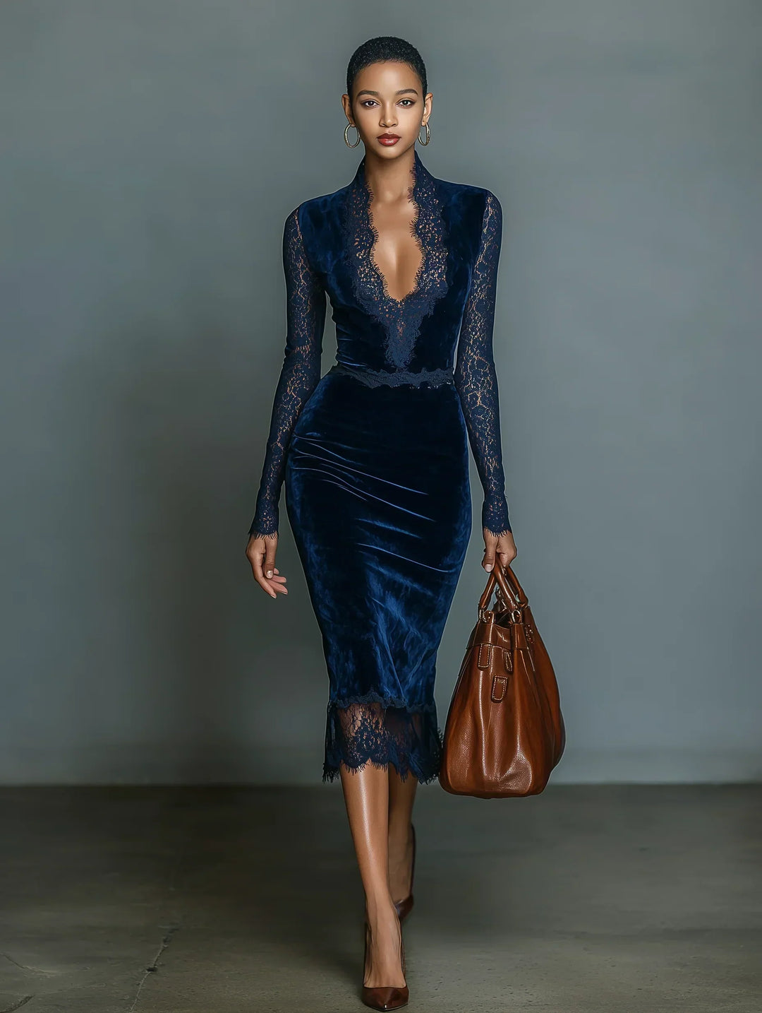🌸 Abito Midi Slim-Fit in Velluto Blu Scuro Elegante e alla Moda per Donne con Dettagli in Pizzo e Maniche a V