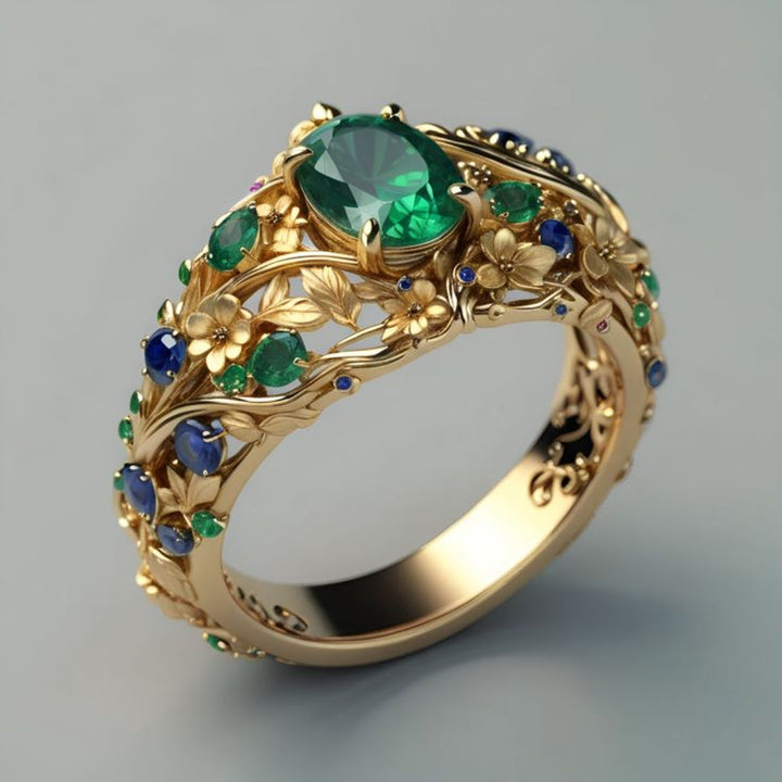 Anello color oro con Cristalli Verdi e Blu