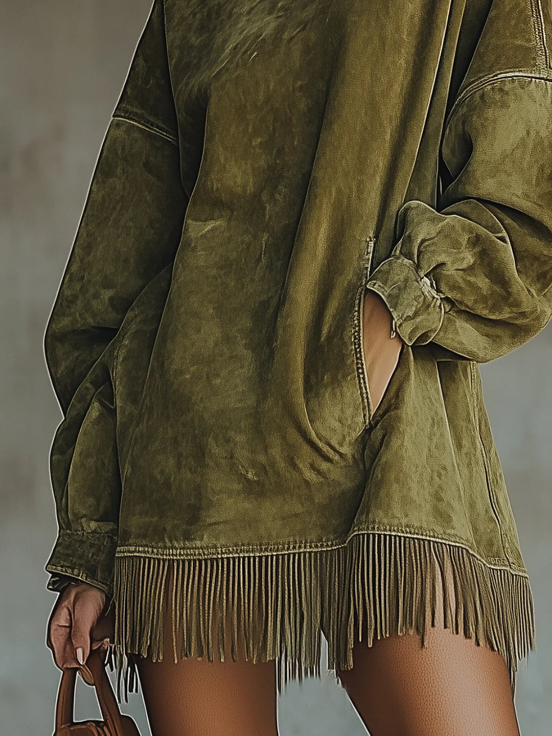 Amalia | Abito in Suede con Frange e Collo Alto