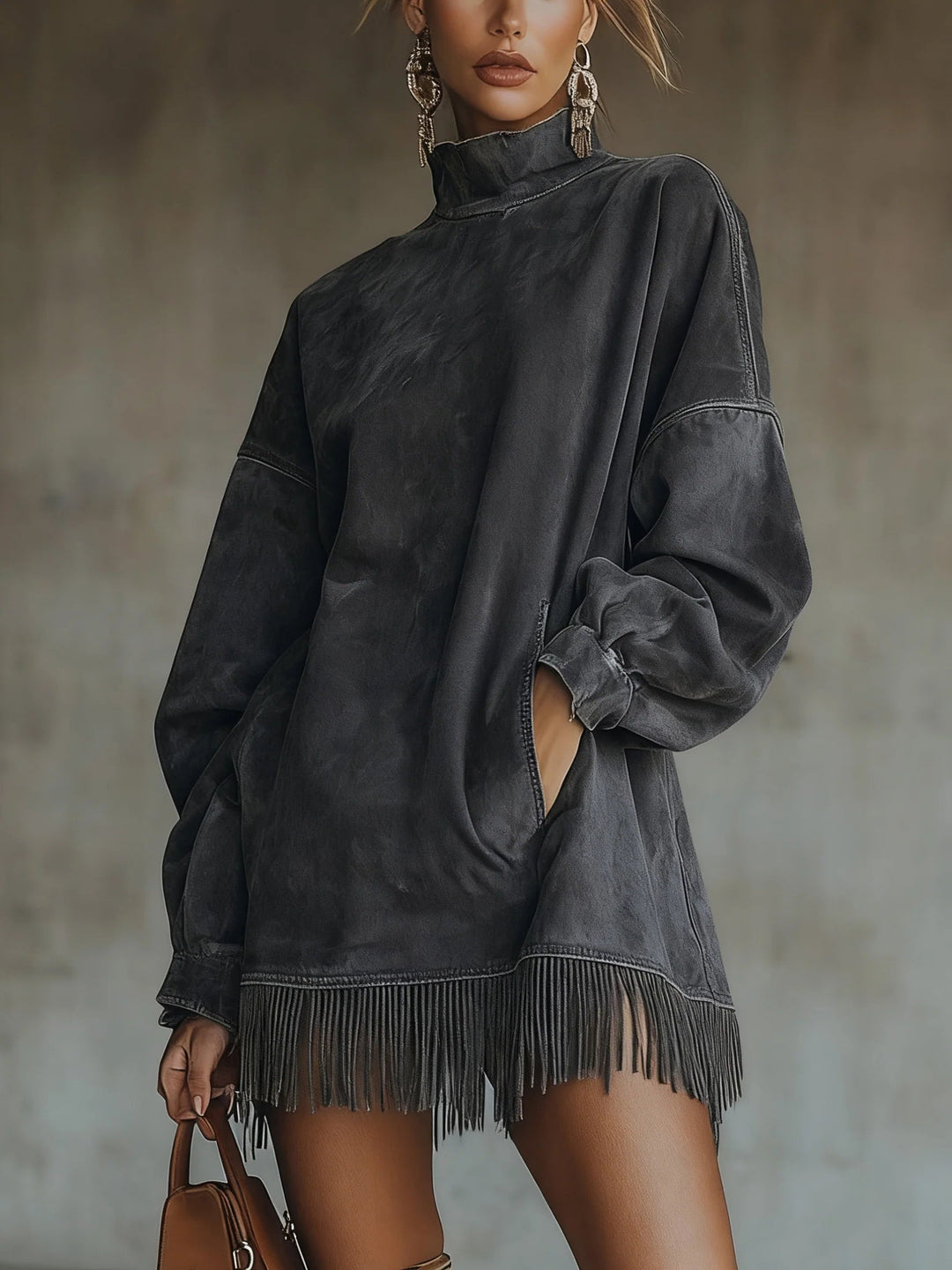 Amalia | Abito in Suede con Frange e Collo Alto