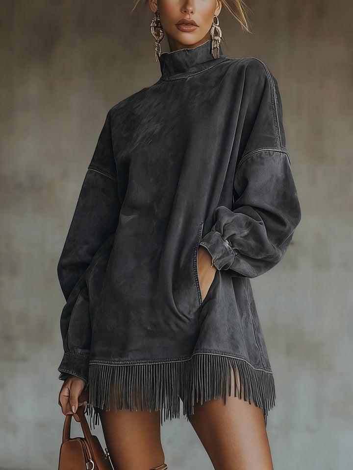 Amalia | Abito in Suede con Frange e Collo Alto