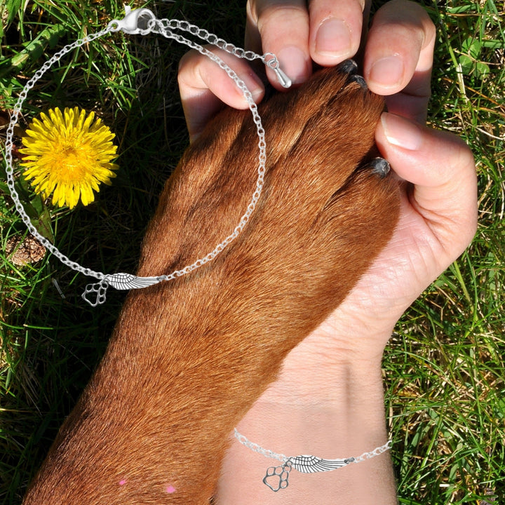 Bracciale Memoriale Argento con Ala d'Angelo e Impronta di Zampa | Fatto a Mano