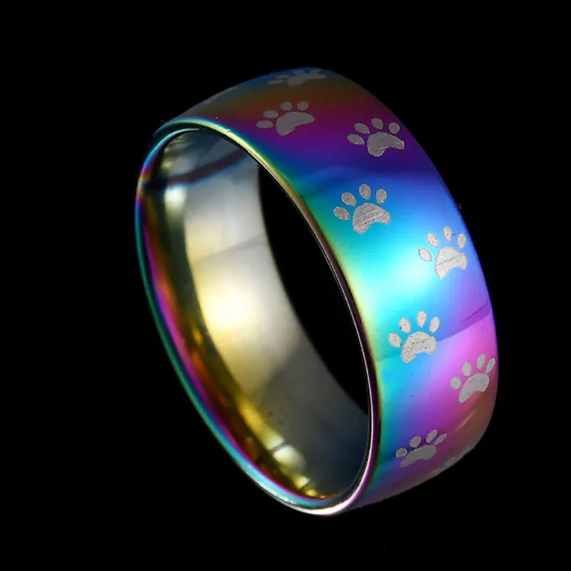 Anello in Acciaio Inossidabile con Stampa di Zampa Arcobaleno Fatta a Mano