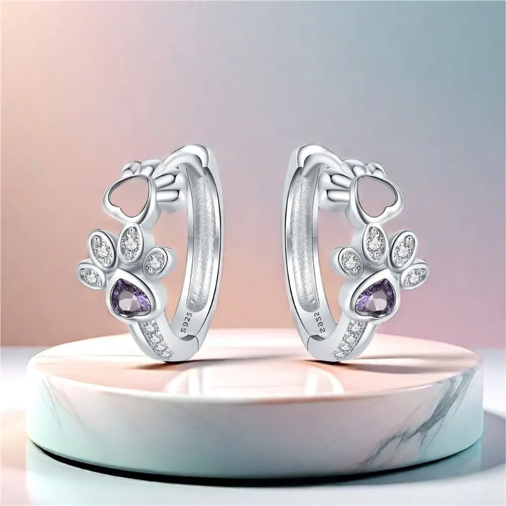 Orecchini Paw Huggie color argento – Con Zirconia e Gemma a Forma di Cuore