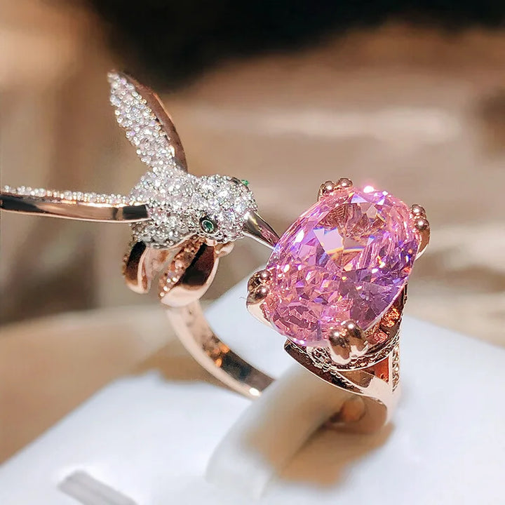 Anello Regolabile in Gemma Colibrì – Zircone, Placcato Oro