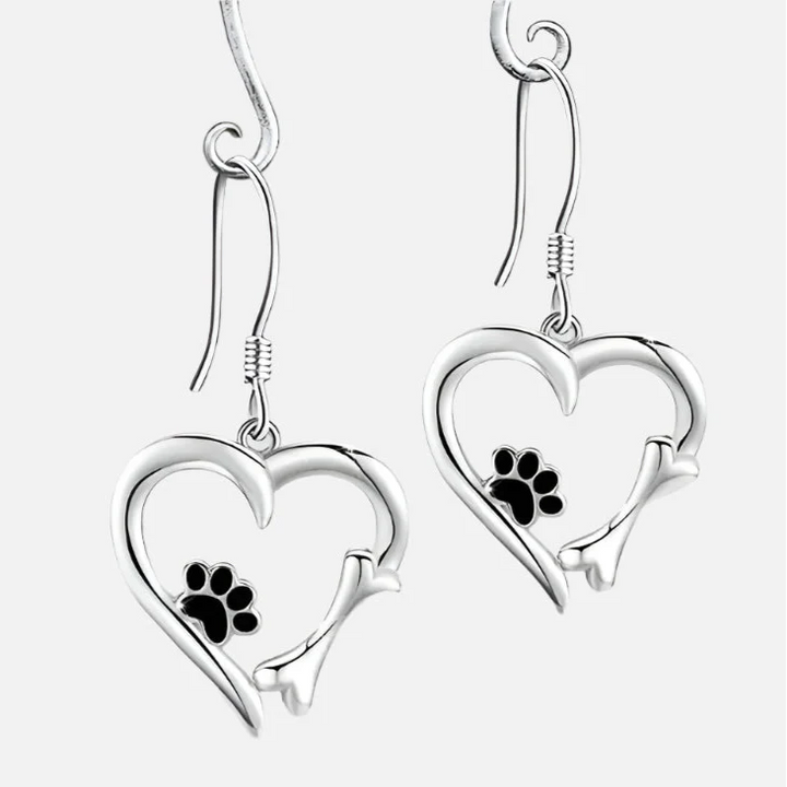 Orecchini a Pendente color argento con Design a Cuore e Zampa