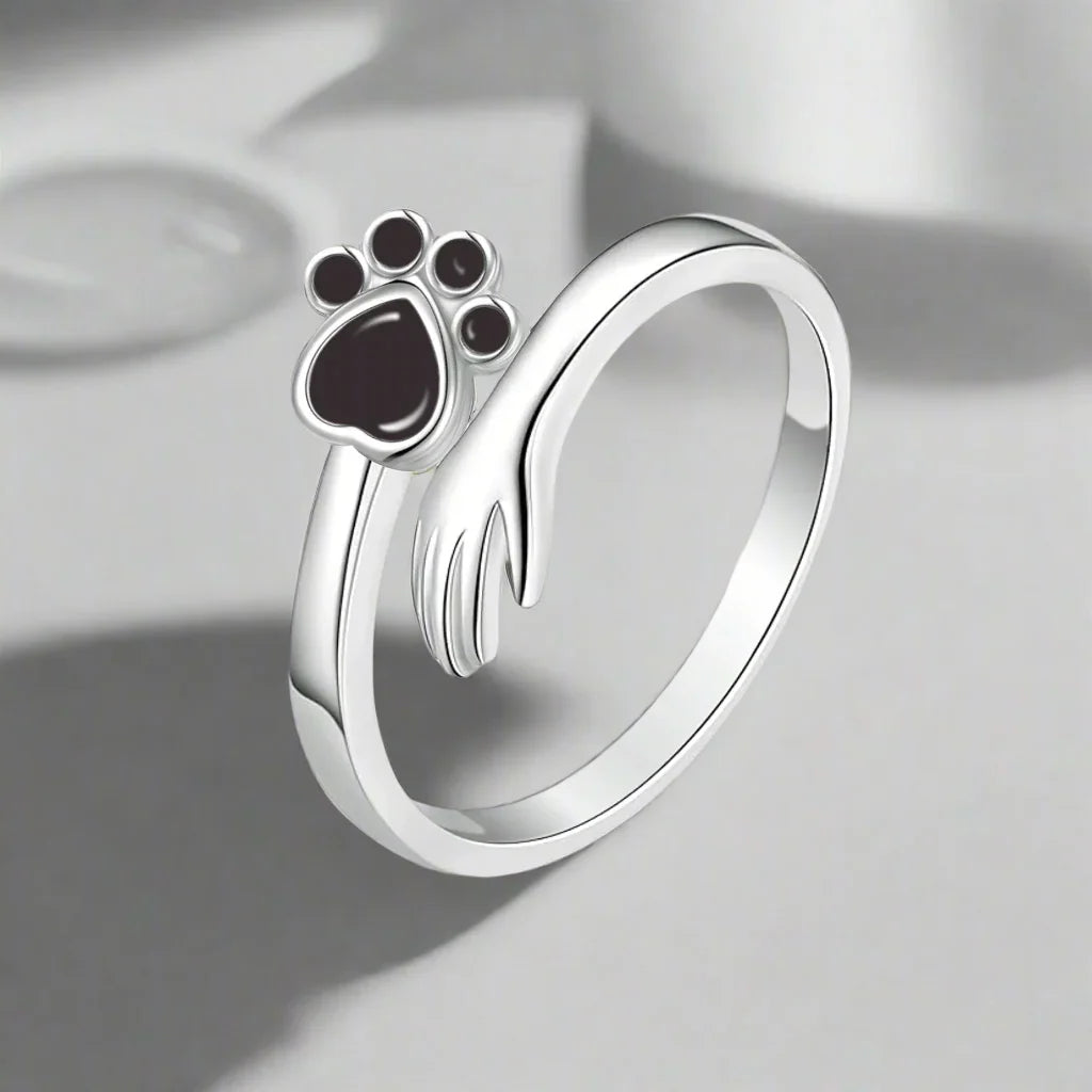 Anello Regolabile color argento – Design con Impronta di Mano e Zampa