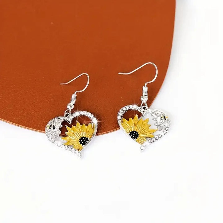 Orecchini Pendenti Vintage Boho a Cuore con Girasole e Ape