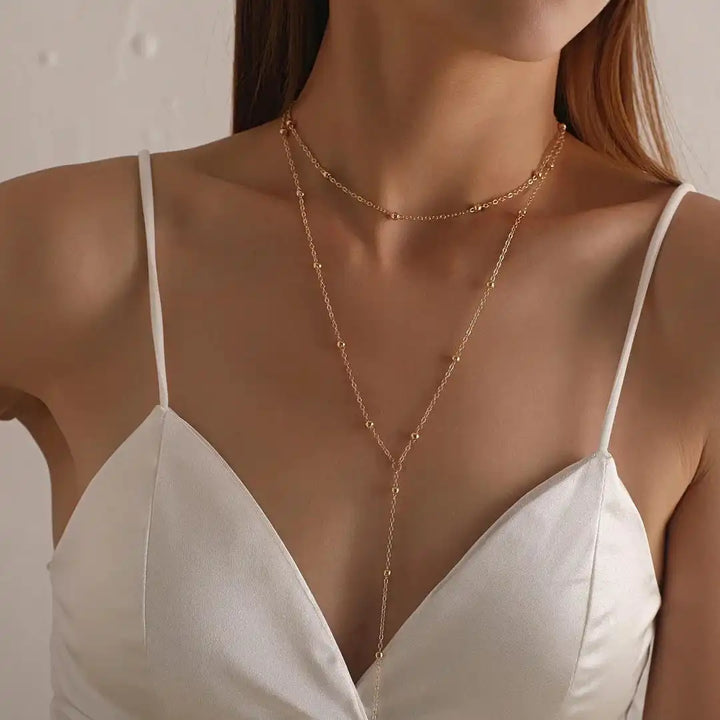 Collana con Perline a Frangia Lunga Doppio Strato color oro