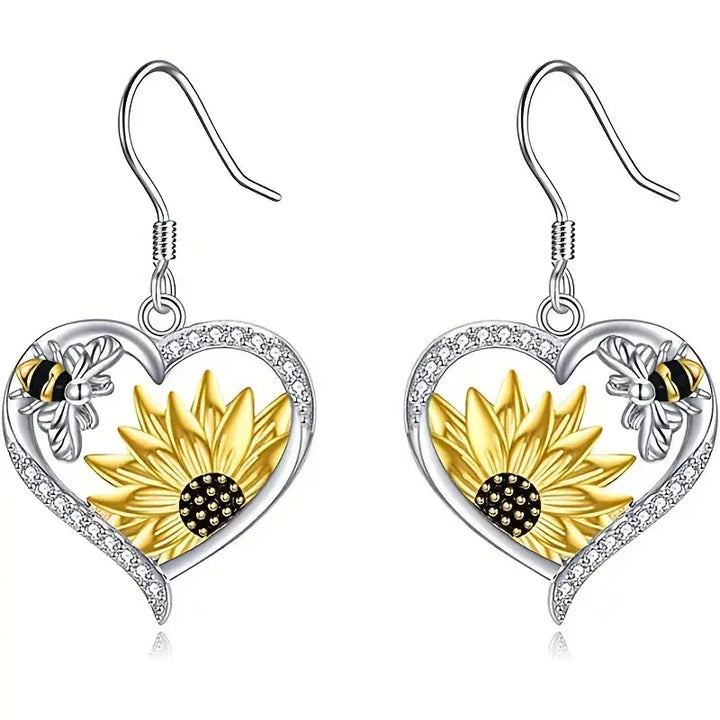 Orecchini Pendenti Vintage Boho a Cuore con Girasole e Ape