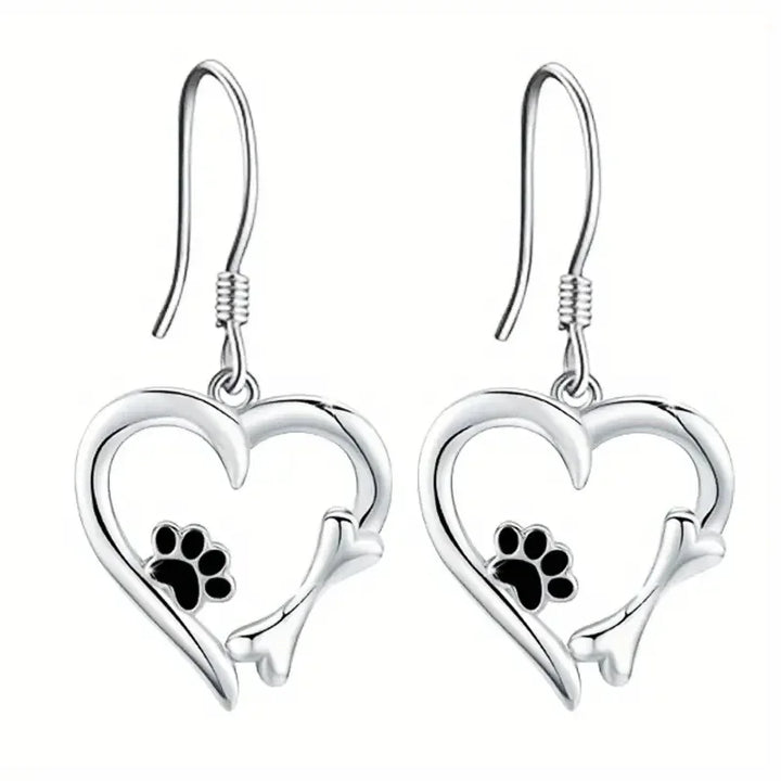 Orecchini a Pendente color argento con Design a Cuore e Zampa
