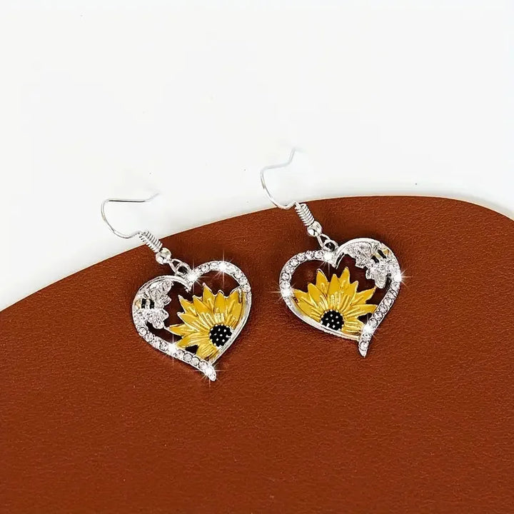 Orecchini Pendenti Vintage Boho a Cuore con Girasole e Ape