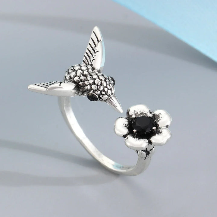 Anello Colibrì e Fiore – Anello Aperto Regolabile per Donne