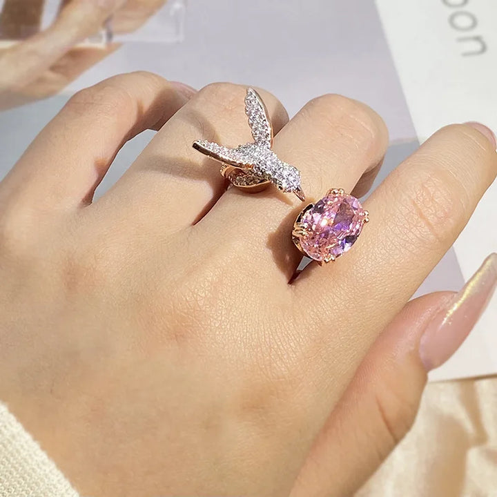 Anello Regolabile in Gemma Colibrì – Zircone, Placcato Oro