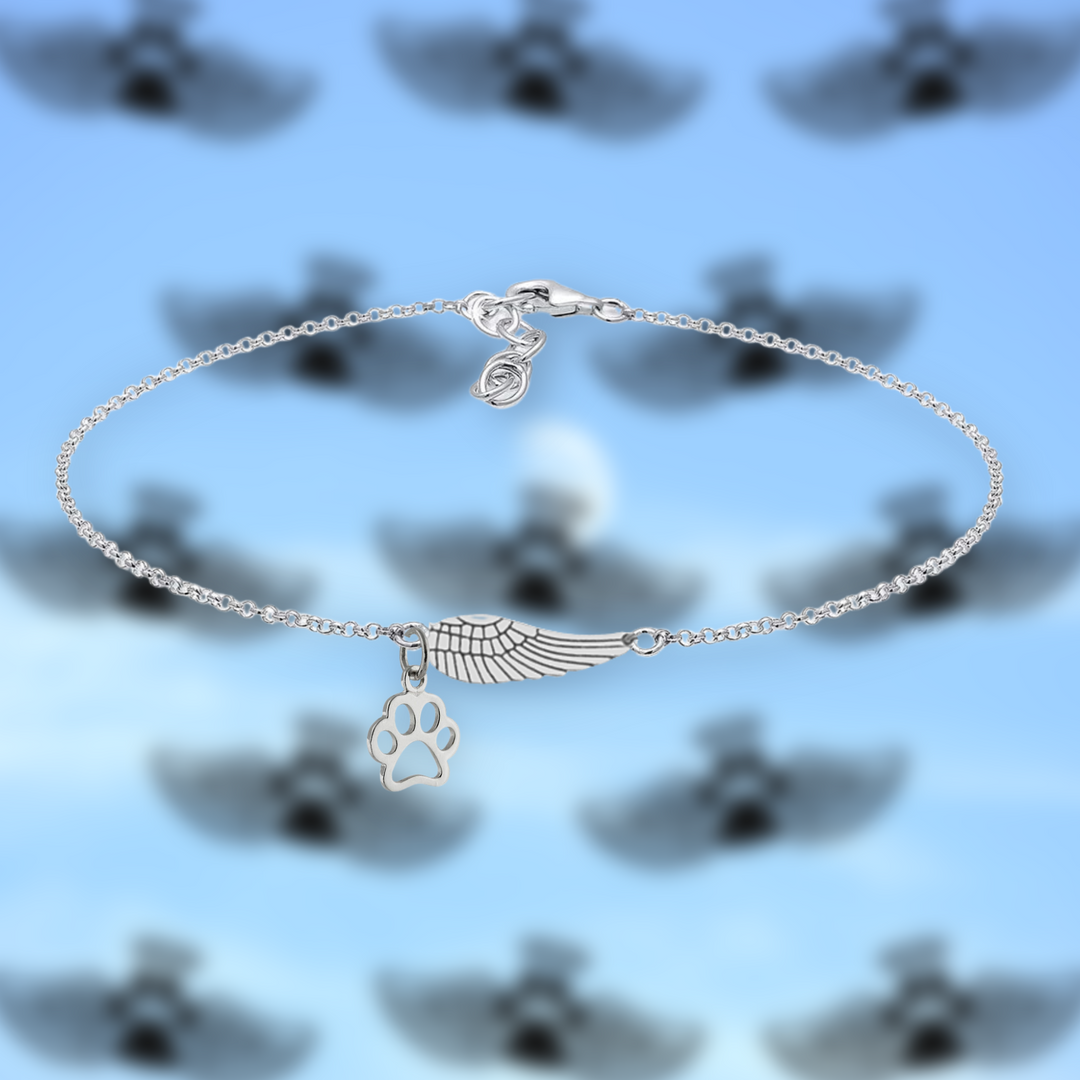 Bracciale Memoriale Argento con Ala d'Angelo e Impronta di Zampa | Fatto a Mano