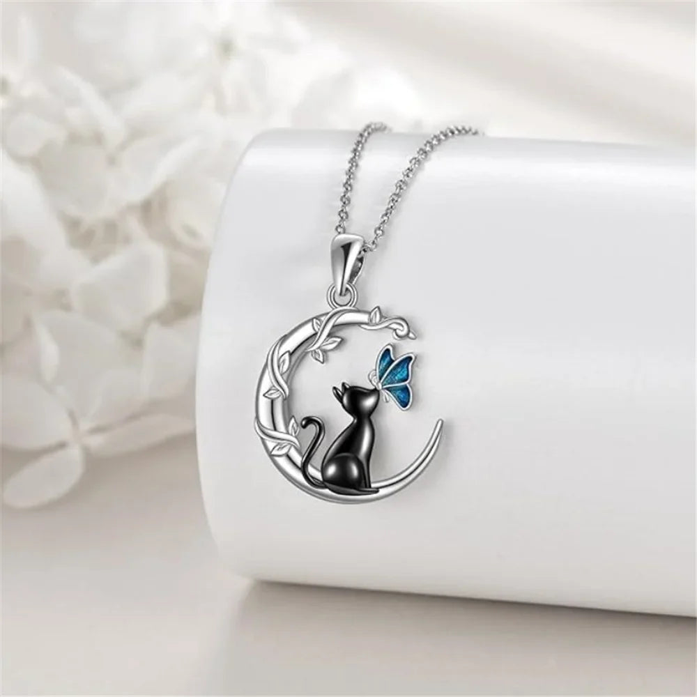 Collana con Pendente in Cristallo a Forma di Gatto Luna Farfalla