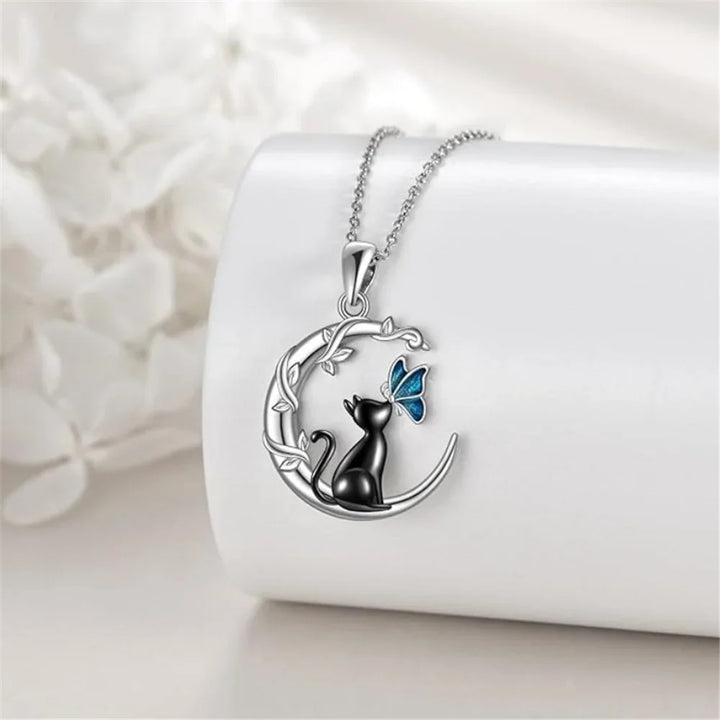 Collana con Pendente in Cristallo a Forma di Gatto Luna Farfalla