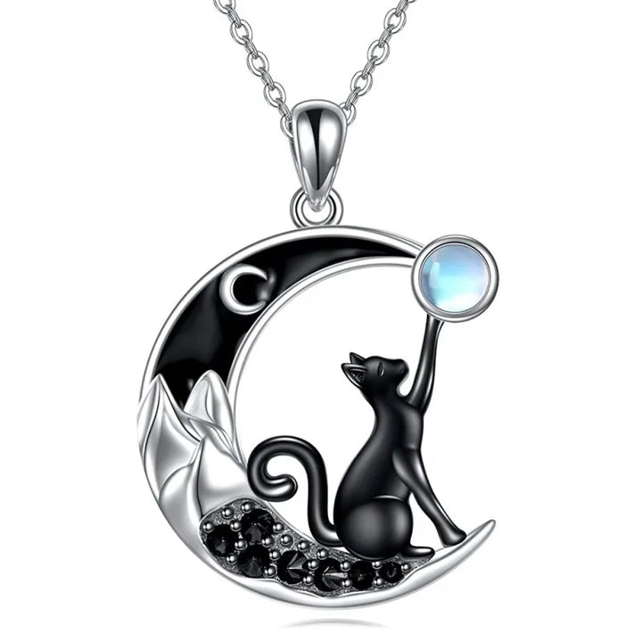 Collana con Pendente in Cristallo a Forma di Gatto Nero e Luna