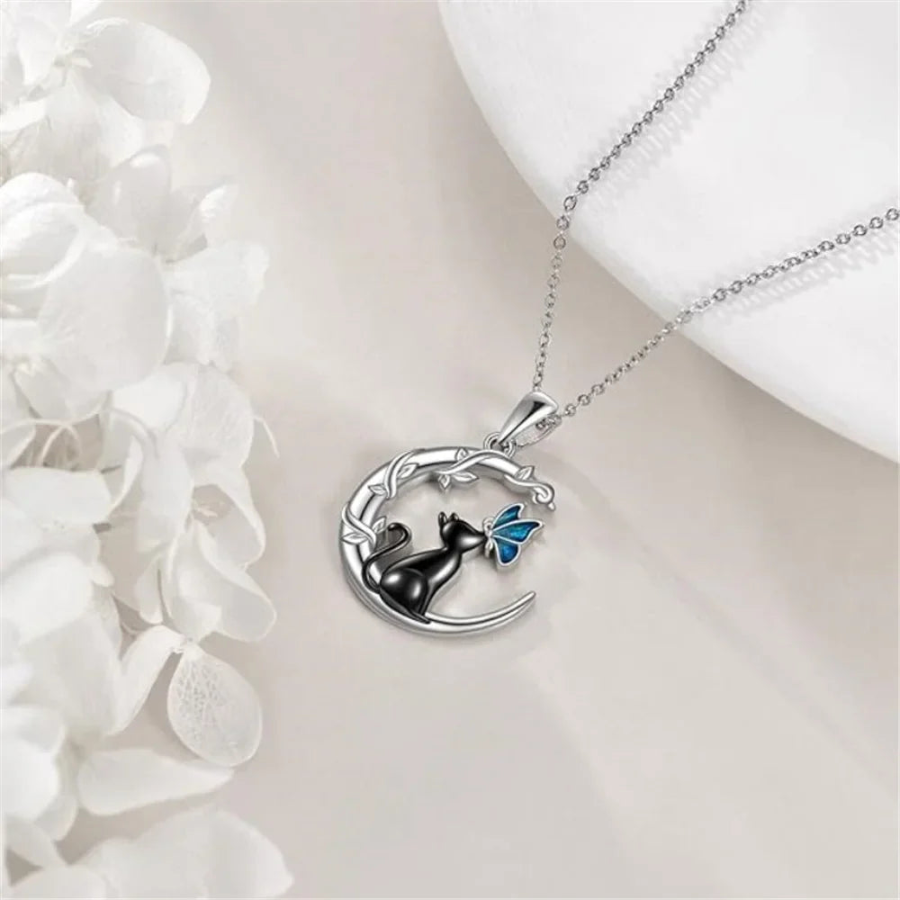 Collana con Pendente in Cristallo a Forma di Gatto Luna Farfalla