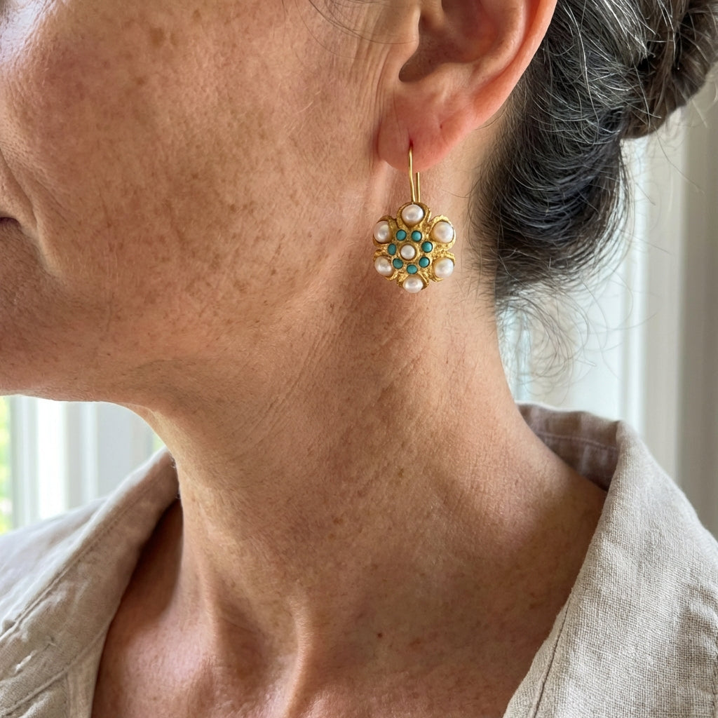 Orecchini Medaglione Vintage Turchese e Perla