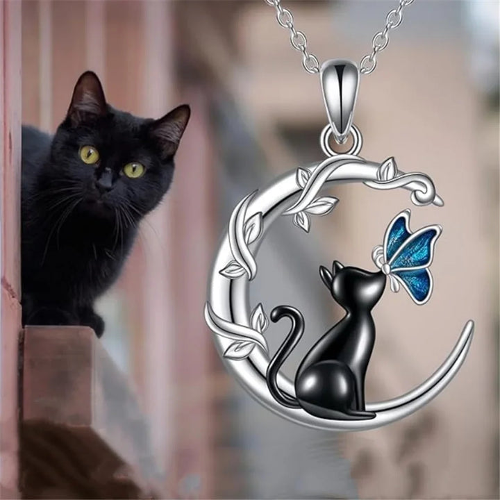 Collana con Pendente in Cristallo a Forma di Gatto Luna Farfalla