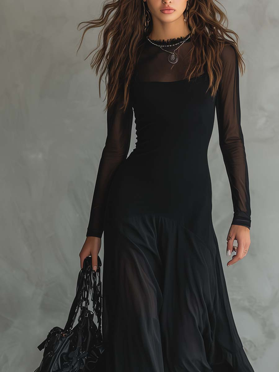 Abito Maxi in Tulle Nero a Vestibilità Larga