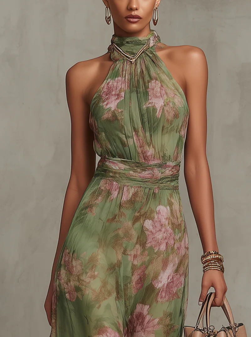 ESSENZIALE - Serena ∙ Maxi Abito in Chiffon Verde con Scollatura a Halter
