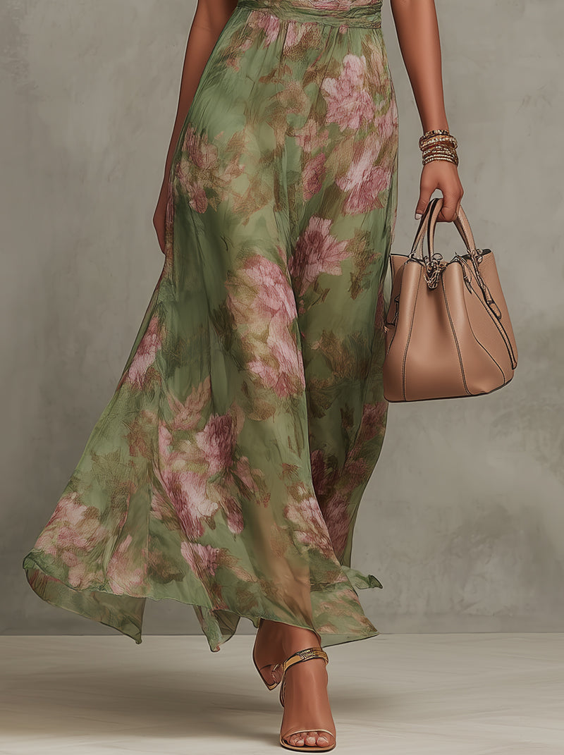 ESSENZIALE - Serena ∙ Maxi Abito in Chiffon Verde con Scollatura a Halter
