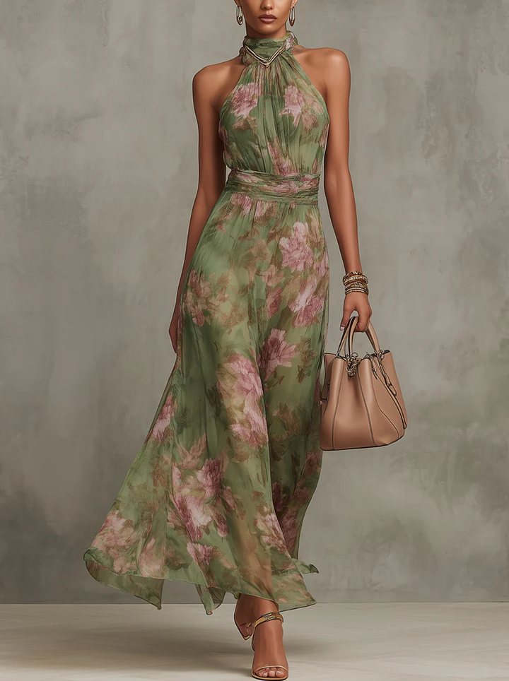 ESSENZIALE - Serena ∙ Maxi Abito in Chiffon Verde con Scollatura a Halter