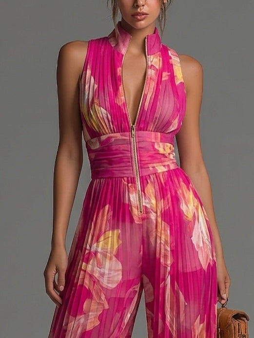 ESSENZIALE - Tuta Plissettata in Chiffon Floreale Fucsia