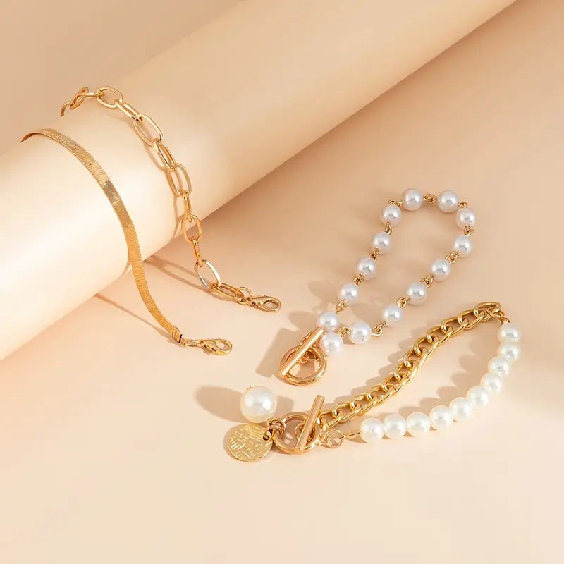 Set di Bracciali Chic in Oro 4 Pezzi - Serpente, Perle & Anelli | Oro