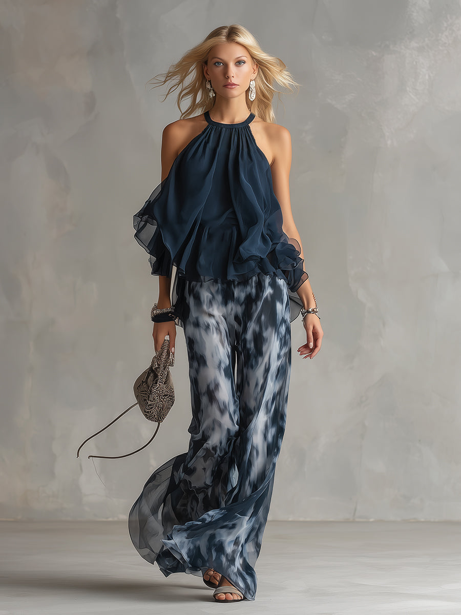 ESSENZIALE - Ludovica – Set elegante in chiffon con top a collo alto e pantaloni a gamba larga stampati
