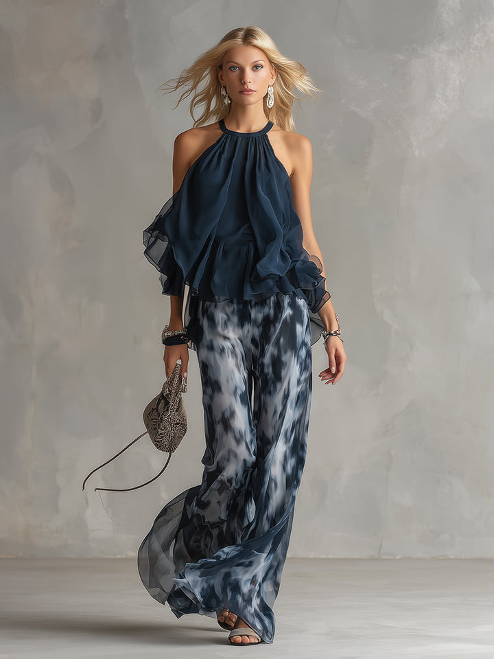 ESSENZIALE - Ludovica – Set elegante in chiffon con top a collo alto e pantaloni a gamba larga stampati