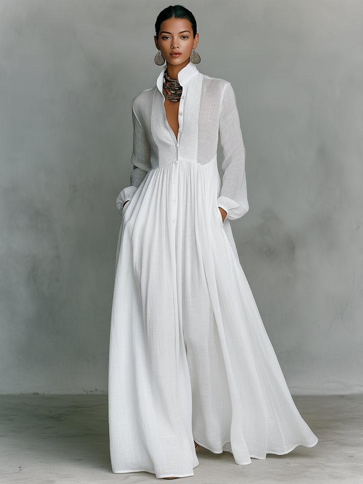 ESSENZIALE - Maxi Abito Minimalista in Cotone e Lino con Patchwork, Collo Alto e Maniche Lunghe