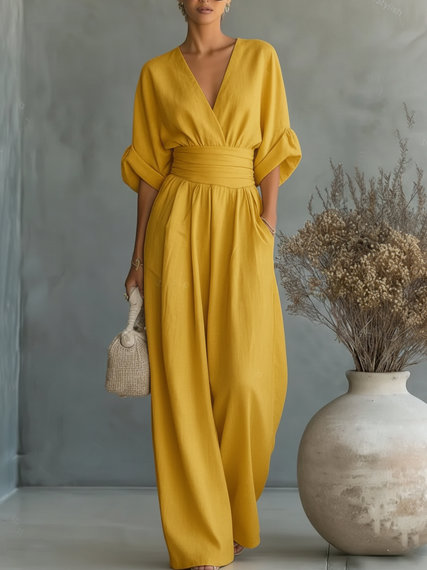 ESSENZIALE - Elegante Tuta Estiva a V con Vita Alta
