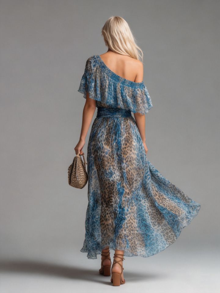 🔥 Selvaggia – Abito Maxi in Chiffon con Stampa Leopardo a Spalle Scoperte