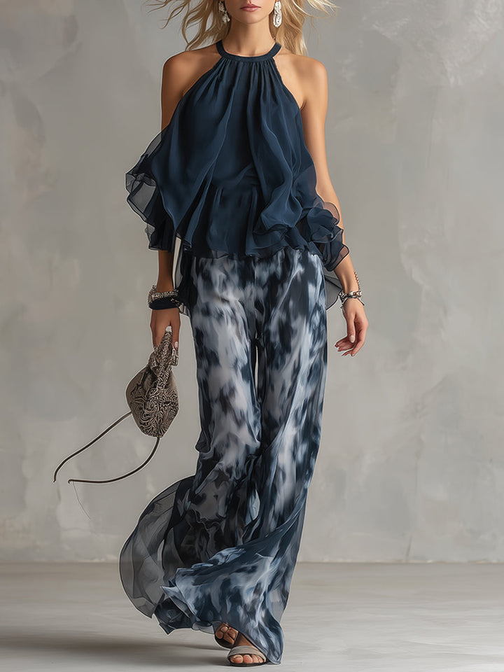 ESSENZIALE - Ludovica – Set elegante in chiffon con top a collo alto e pantaloni a gamba larga stampati