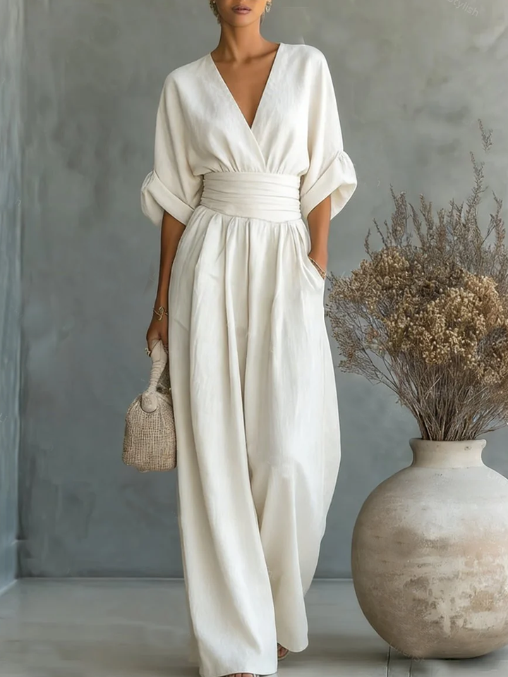 ESSENZIALE - Elegante Tuta Estiva a V con Vita Alta