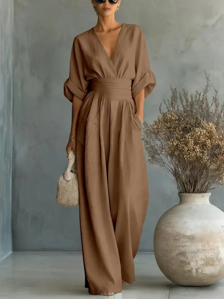 ESSENZIALE - Elegante Tuta Estiva a V con Vita Alta