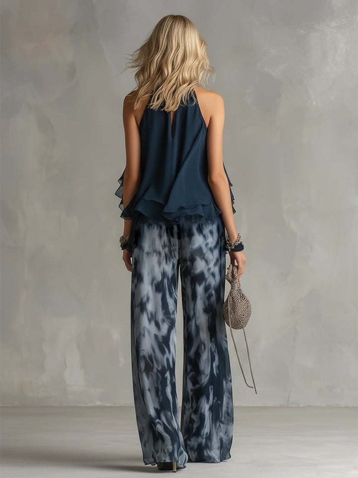 ESSENZIALE - Ludovica – Set elegante in chiffon con top a collo alto e pantaloni a gamba larga stampati