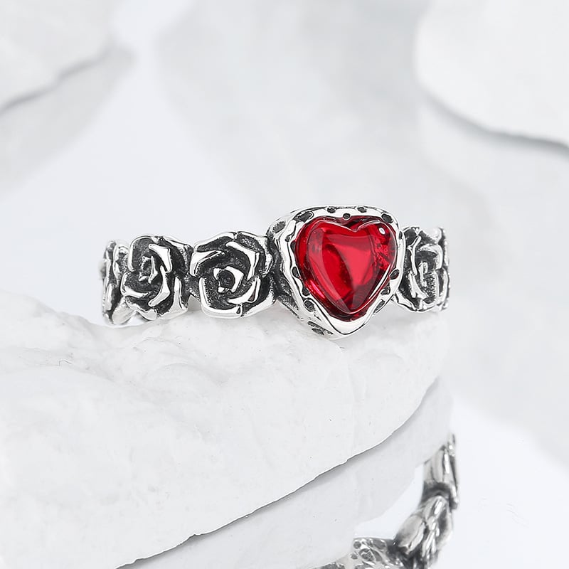 Anello Vintage in Argento a Forma di Cuore con Rosa