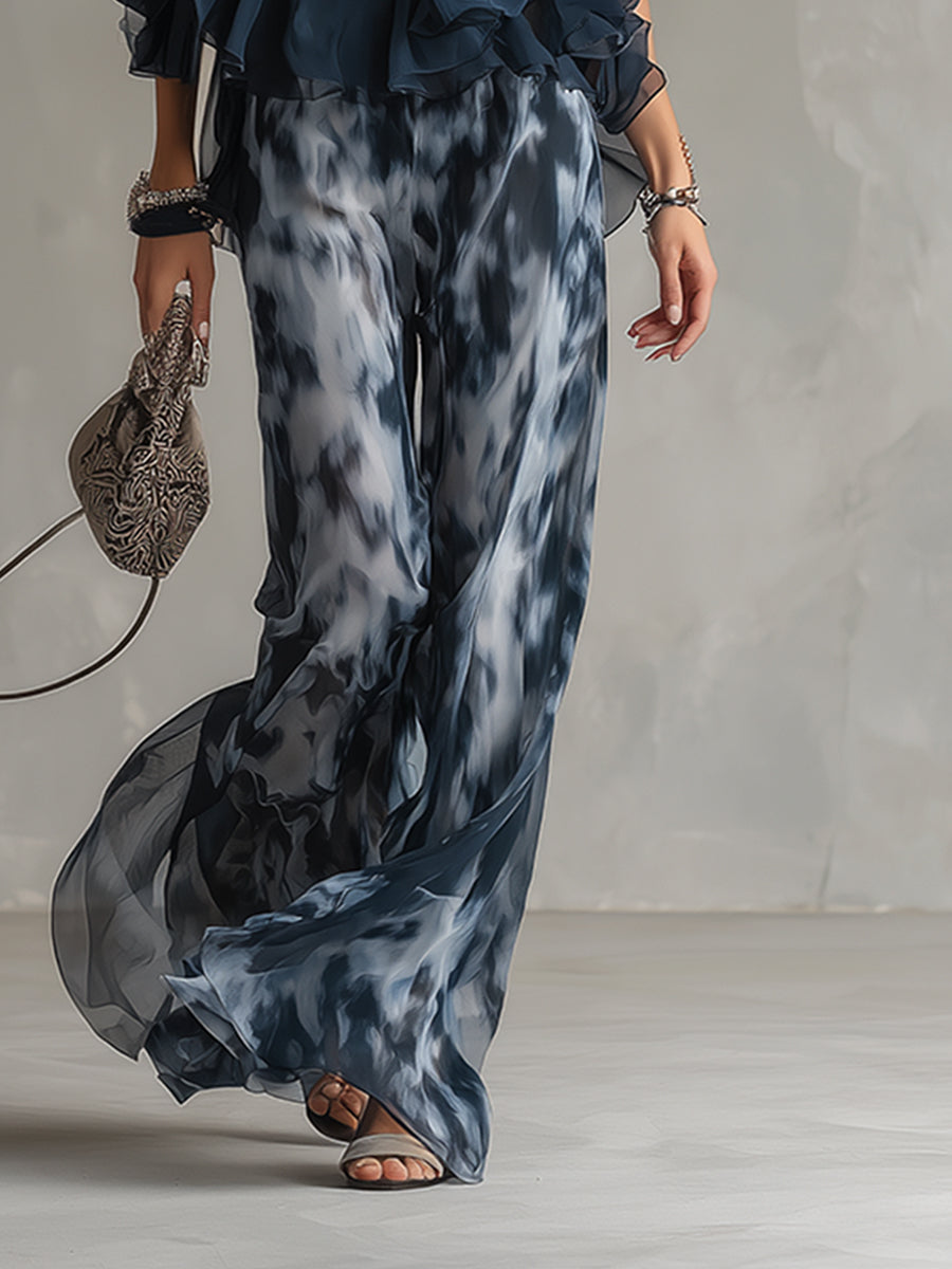 ESSENZIALE - Ludovica – Set elegante in chiffon con top a collo alto e pantaloni a gamba larga stampati