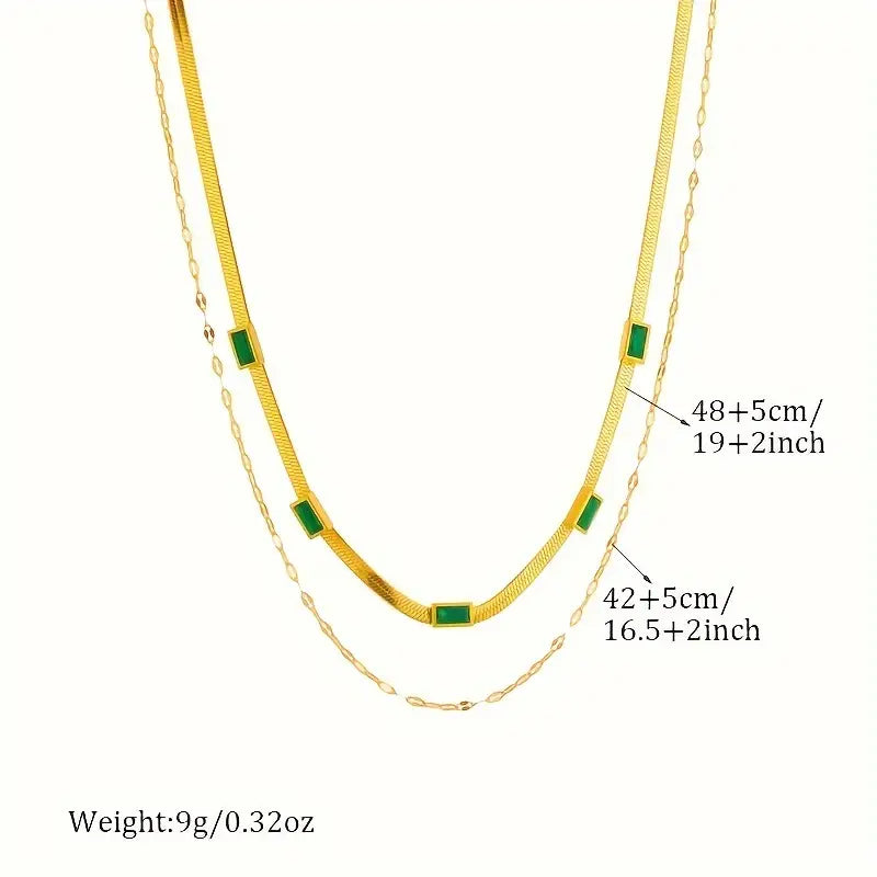 Collana Doppia color oro con Pietra Verde Vintage