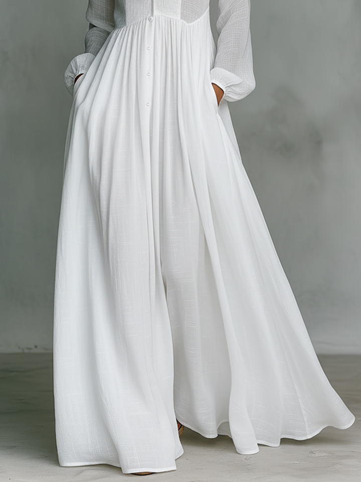 ESSENZIALE - Maxi Abito Minimalista in Cotone e Lino con Patchwork, Collo Alto e Maniche Lunghe